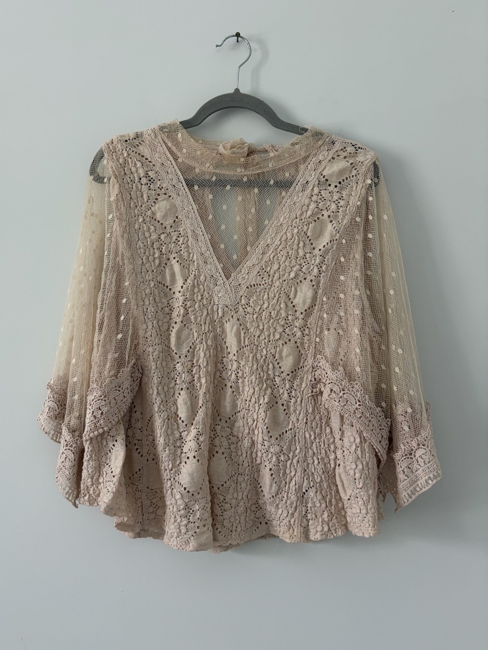 Free People Hard Candy Cream Crochet Lace Kimono Oversized Boho Blouse Small
